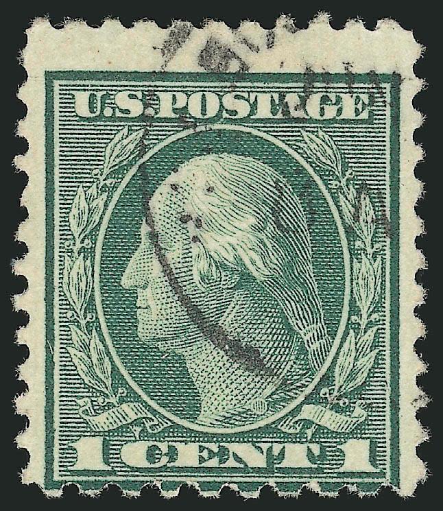 1c Green, Perf 10 at Top or Bottom (498g).> Deep rich color and sharp proof-like impression, neat strike of circular datestamp, perfs just in at bottom<><>^FINE. AN INCREDIBLY RARE USED EXAMPLE OF THE ONE-CENT
GREEN 1917 ISSUE PERFORATED 10 AT BOTT