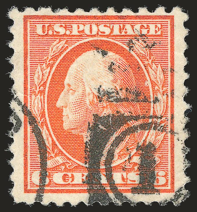 6c Red Orange, Perf 10 at Top (506a).> Clear strike of duplex cancel, vibrant color, wide margins, <transitional perfs at top> with most perf 10 and two perfs at top left gauging 11, few creases<><>^VERY FINE.
ONLY FOURTEEN USED COPIES ARE RECORDED