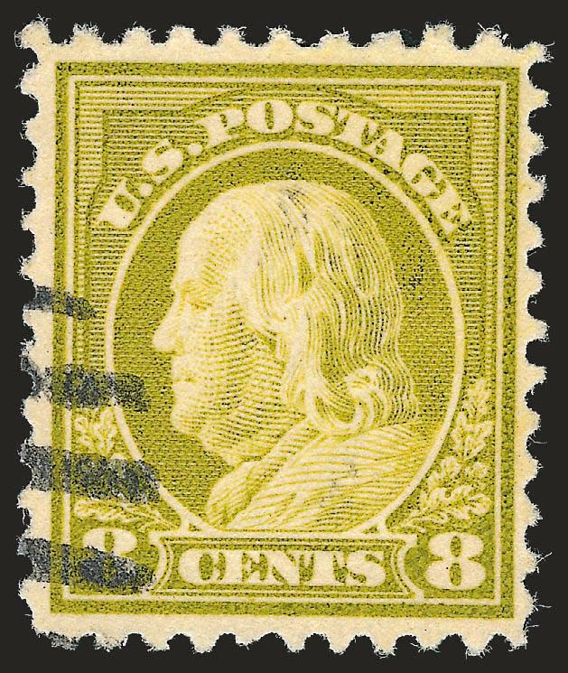 8c Olive Bister, Perf 10 at Top (508c).> Pretty shade, face-free cancel at left, unusually choice centering for this difficult issue<><>^VERY FINE AND CHOICE. AN EXCEEDINGLY RARE SOUND EXAMPLE OF THE 8-CENT 1917
ISSUE PERF AT AT TOP. ONLY FIFTEEN E