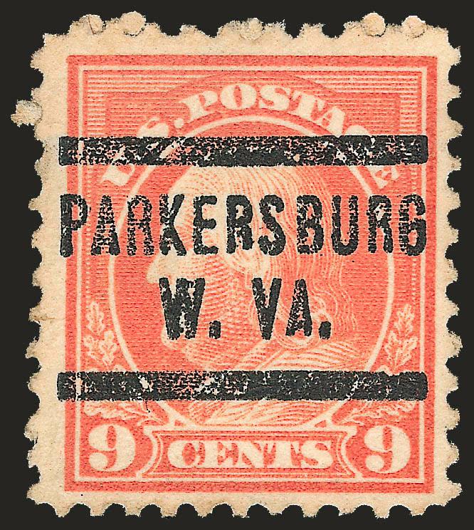 9c Salmon Red, Perf 10 at Top (509a).> Brilliant color, neat Parkersburg W. Va. precancel, <transitional perfs> with three gauging 11 at top left and others perf 10, small paper split at upper left which is not
readily apparent when viewed from the