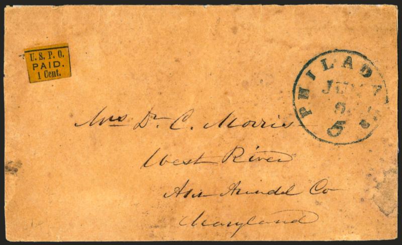 U.S.P.O., Philadelphia Pa., 1c Black on Yellow Glazed (7LB9).> Large margins to in, uncancelled and usual, used on buff ca. 1849 cover to West River Md., blue Philada. Pa. 5 cts. May 9 integral-rate circular
datestamp, some wear incl. waterstaining