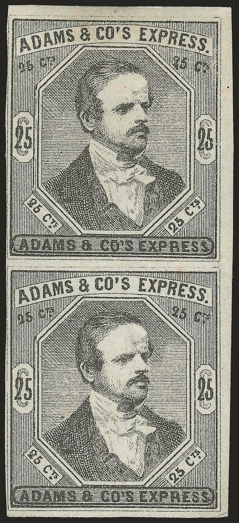 Adams & Co.s Express, Cal., 25c Black (1L6).> Vertical pair, unused (no gum), three huge margins, probably from the upper right corner of sheet, frameline just touched at left<><>^VERY FINE. THE ONLY RECORDED
MULTIPLE OF THE ADAMS & CO. 1L6 STAMP.