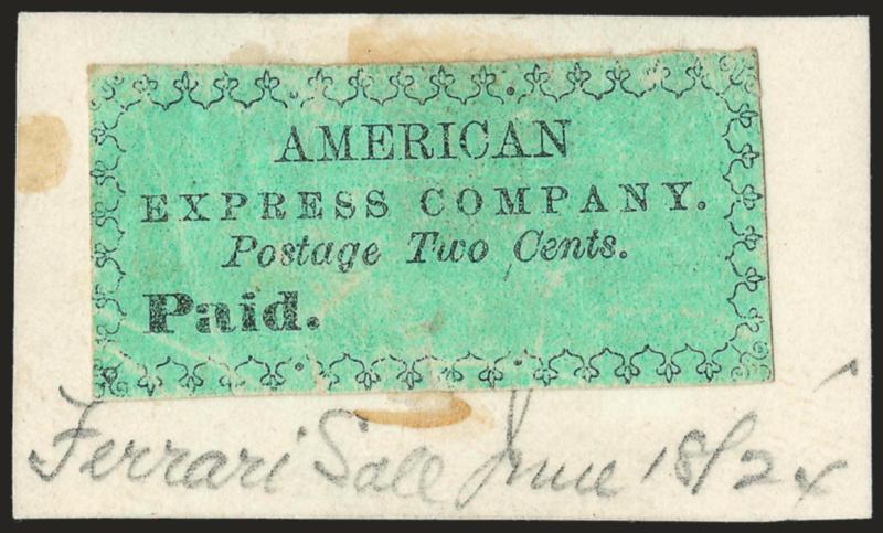 American Express Co., New York N.Y., 2c Black on Green (4L1).> Uncancelled, margins mostly clear of ornaments, slightly creased with minor surface disturbances, mounted on paper with notation Ferrary Sale June
1824<><>^VERY FINE. ONE OF THE RARE