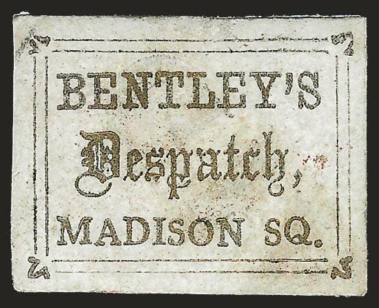 Bentleys Dispatch, New York N.Y., (unstated value) Gold (10L2).> Large margins, lightly inked but clearly impressed Paid cancel, small scuff in enamel surface at top<><>^EXTREMELY FINE APPEARANCE. A CHOICE
EXAMPLE OF THE RARE BENTLEYS 10L2 STAM