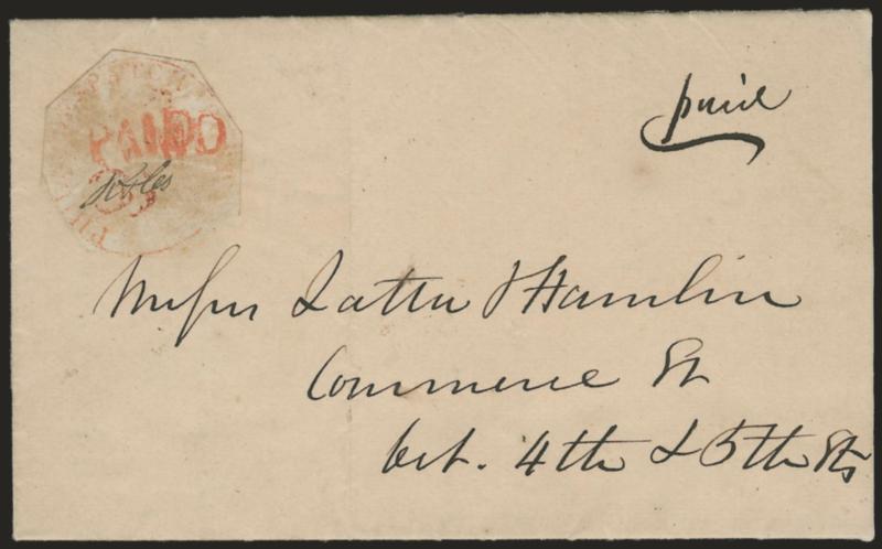 Philadelphia Despatch Post, Philadelphia Pa., 3c Red (15L1).> Octagonal margins just slightly into circle, partly clear impression with usual ms. <<R & Co>> initials, red Paid and 3 numeral handstamps struck
twice, used on folded letter with Ju