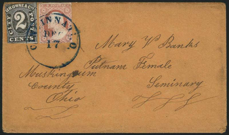 Browne & Co.s City Post Office, Cincinnati O., 2c Black (29L2).> Margins slightly in, used with <3c Dull Red, Ty. II (11A),> ample margins to cut in, both stamps tied by dark blue Cincinnati O. Dec. 17 circular
datestamp on brown cover to Putnam F