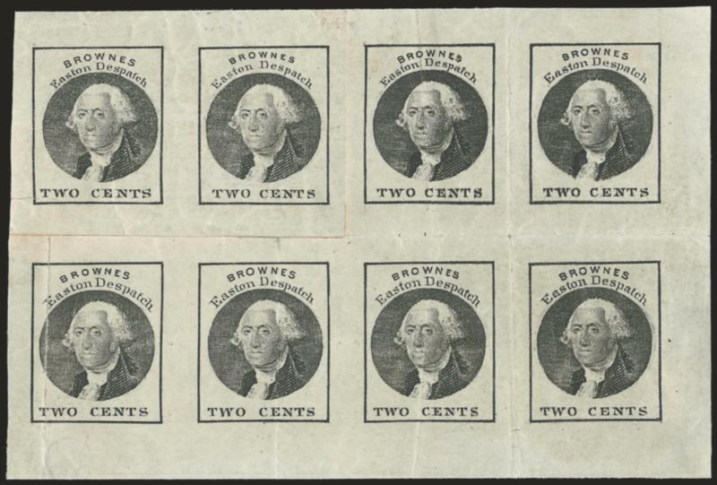 Brownes Easton Despatch, Easton Pa., 2c Black (30L3).> Block of six comprising four stamps at right and the pair at lower left, separate horizontal sheet-margin pair affixed at upper left (slightly overlapping
margins), original gum, bright and fres