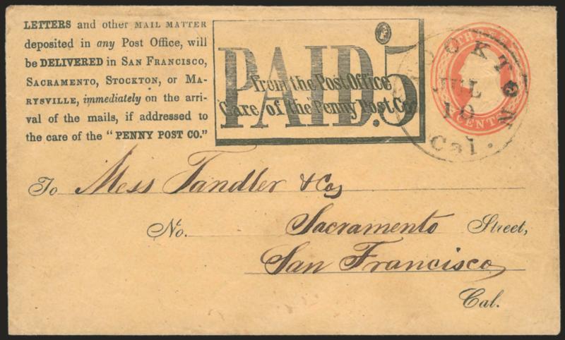 California Penny Post Co., San Francisco, 5c Black on 3c Red on Buff Entire (34LU3a).> With seven-line inscription, Stockton Cal. Jul. 10 circular datestamp, addressed to San Francisco street address, Very Fine,
very rare used example of the 5c ent