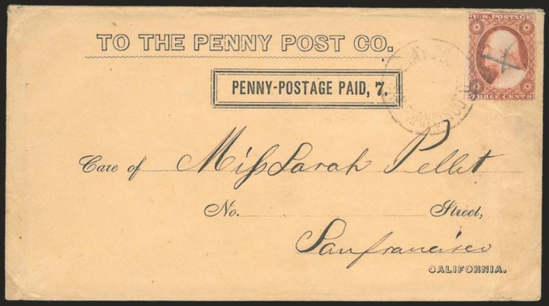 California Penny Post Co., San Francisco, 7c Black on Buff Entire (34LU11).> To San Francisco addressee with <3c Dull Red (11),> ample margins to slightly in, pencil X and <tied by Penny Post Co. San Francisco>
double-line circular handstamp, ver