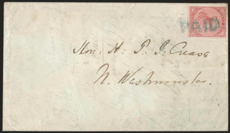 BRITISH COLUMBIA & VANCOUVER ISLAND, 1865, 5c Rose (3 SG 2).> Large margins to just touched, tied by <blue Paid handstamp> on cover to North Westminster, some pencil docketing, stamp affected by light vertical
file fold<><>^VERY FINE APPEARANCE.