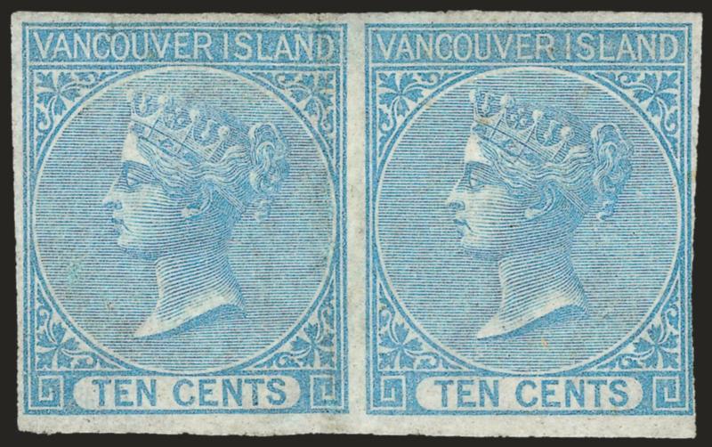BRITISH COLUMBIA AND VANCOUVER ISLAND, 1866, 10c Blue (4 SG 12).> Horizontal pair, large margins to just touched at right, bright color, left stamp light vertical crease and tiny tear at top<><>^VERY FINE AND
CHOICE. A RARE ORIGINAL-GUM PAIR OF TH