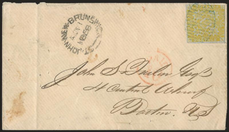 NEW BRUNSWICK, 1851, 6p Olive Yellow, Bisect (2b SG 4a).> Two of the same halves positioned on cover to appear as a single stamp, tied by blue oval grid, St. John New Brunswick Au. 11, 1858 circular datestamp on
cover to Boston Mass., blue Chatha