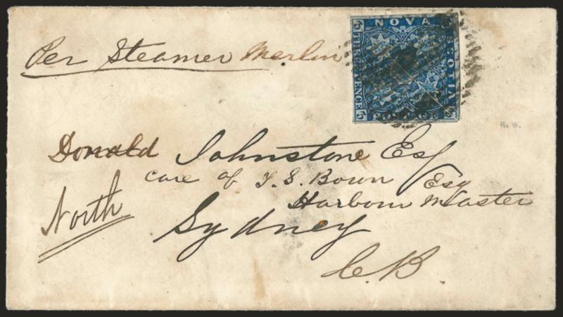 NOVA SCOTIA, 1857, 3p Bright Blue, Bisect (2a SG 3a).> Two diagonal halves of the same stamp arranged on the cover to appear as a single stamp, tied by bold strike of grid cancel, Halifax Nova Scotia, AU 23,
1860 backstamp on cover to Sydney, endo