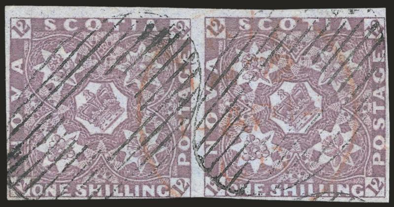 NOVA SCOTIA, 1851, 1sh Cold Violet (7 SG 7).> Pair, large margins to clear, beautiful color, cancelled by two neat strikes of grid cancel and also by red circular datestamp, one with insignificant corner
crease<><>^VERY FINE. A SCARCE PAIR OF THE