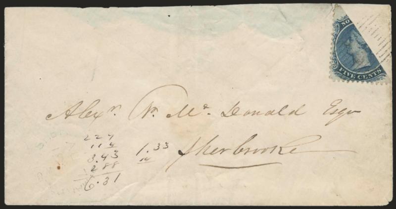 NOVA SCOTIA, 1860, 5c Blue, Bisect (10b SG 13 var).> Bottom left diagonal half with Five Cents of stamp completely intact, tied across the cut by grid, Sherbrooks Marys N.S. AU 7, 1864 circular datestamp on
cover to Sherbrooke, stamp with two