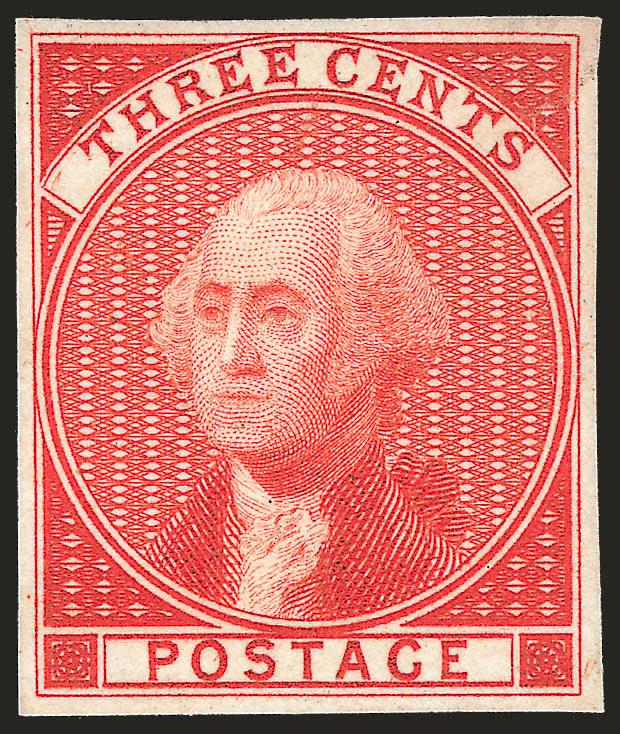 3c Scarlet, Bradbury, Wilkinson & Co. Essay on Stiff Stamp Paper (11-E5a).> Stamp size as always, ample to large margins, Very Fine and choice