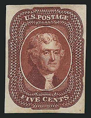 5c Deep Red Brown, Trial Color Plate Proof on Wove (12TC5).> Large margins, rich color, fresh and Very Fine, this plate proof is often presented as the issued stamp