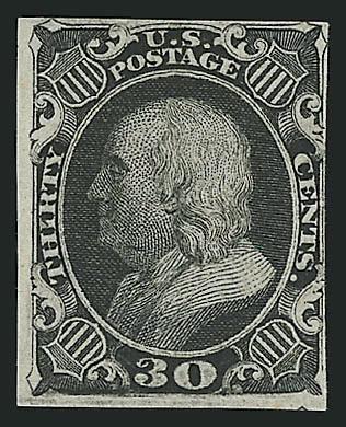 30c Black, Trial Color Plate Proof on Wove (38TC5).> Large margins to just in, deep shade, fresh and Fine