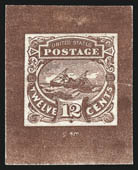 12c Orange Brown, Yellow, Small Die Essay, 12c Brown Red, Typographed Small Numeral Die Essay on Card (117-E1c two, 117-E3a).> First two removed from card and 47 x 44mm and 33 x 50mm respectively, last is 30
x 37mm, few flaws incl. last with horizont