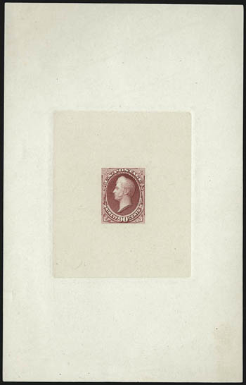 2c-90c 1873 Bank Note Issue, Large Die Proofs on India (157P1, 159P1, 162P1, 164P1-166P1).> On cards from 108 x 171mm to 149 x 241mm with full die sinkage, bright colors, few with trivial edgewear, appear
Very Fine