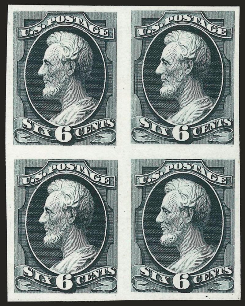 3c, 6c Black, Atlanta Trial Color Proofs (158TC5, 159TC5).> Blocks of four, large margins to close at left of 3c, Fine-Very Fine, only two blocks of four of each are reported, Scott Retail as singles