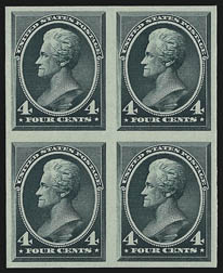 2c-10c 1879-83 Bank Note Issues, Plate Proofs on India (183P3, 183P3, 205P3, 207P3, 209P3, 210P3, 211P3).> Blocks of four, large margins, last two mounted on original card, Very Fine