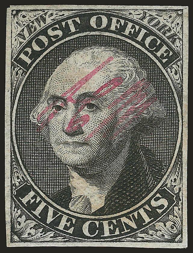 New York N.Y., 5c Black, AC M Initials (9X1a).> Unused (no gum), margins all around, couple filled thin spots, Extremely Fine appearance, with 2008 P.S.E. certificate