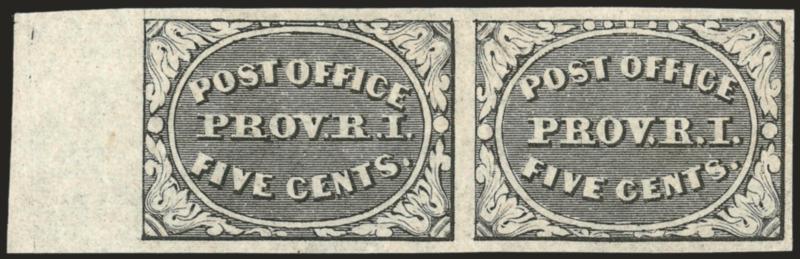 Providence R.I., 5c Gray Black (10X1).> Positions 7-8, horizontal pair, unused (no gum), large to huge margins incl. <sheet margin> at left, bright shade, Very Fine and choice, signed Spencer Anderson, Scott
Retail as with gum