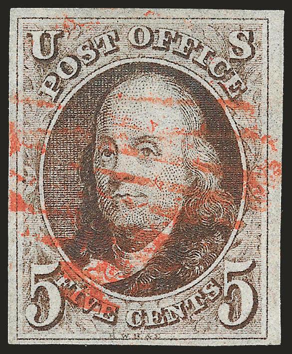 5c Red Brown (1).> Large margins to ample at bottom, deep rich color nicely complemented by red New York square grid cancel, Very Fine