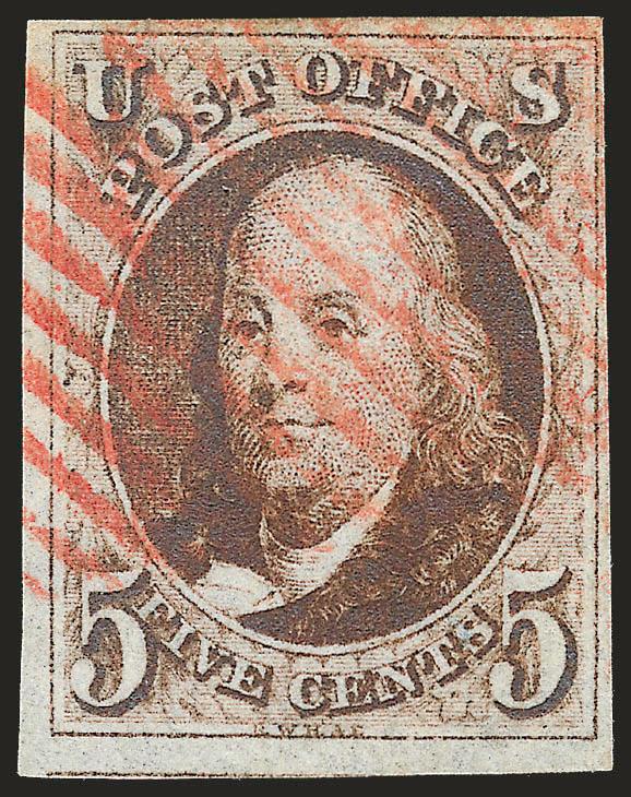 5c Red Brown (1).> Large margins to clear at upper right, intense shade, bold strike of red New York square grid cancel, Very Fine, small blue backstamp barely shows thru at bottom right
