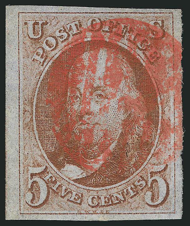 5c Orange Brown (1b).> Large even margins, brilliant color nicely complemented by red grid cancel, fresh and Extremely Fine, with 2008 P.S.E. certificate (XF 90 SMQ $1,350.00)