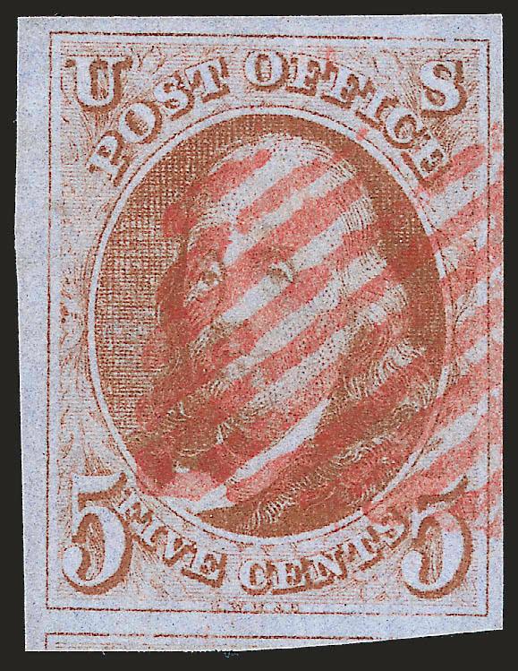 5c Brown Orange (1d).> Large to huge margins, clear distinctive color, bold red New York square grid cancel, Extremely Fine, with 2008 P.S.E. certificate (VF-XF 85 SMQ $1,950.00)