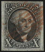 5c Brown, 10c Black (1, 2).> Ample to huge margins, 5c with part left sheet margin, blue grid cancel and incredibly strong color, 10c red grid, former creased along left frame line, latter soiling on back and
tiny corner crease bottom left, Very Fine