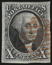 5c Brown, 10c Black (1, 2).> Large margins to clear, 5c tied on small piece by red grid cancel, 10c also with red grid cancel, few small flaws incl. 10c small tear, appear Fine, an excellent opportunity to
acquire a very presentable set of the 1847 I
