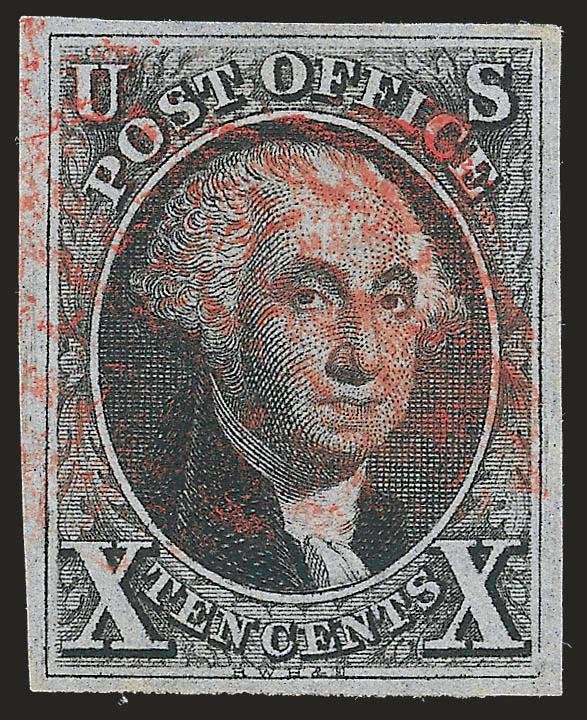 10c Black (2).> Full to large margins all around, red grid cancel, sharp impression, Extremely Fine, with 1977 and 2003 P.F. certificates