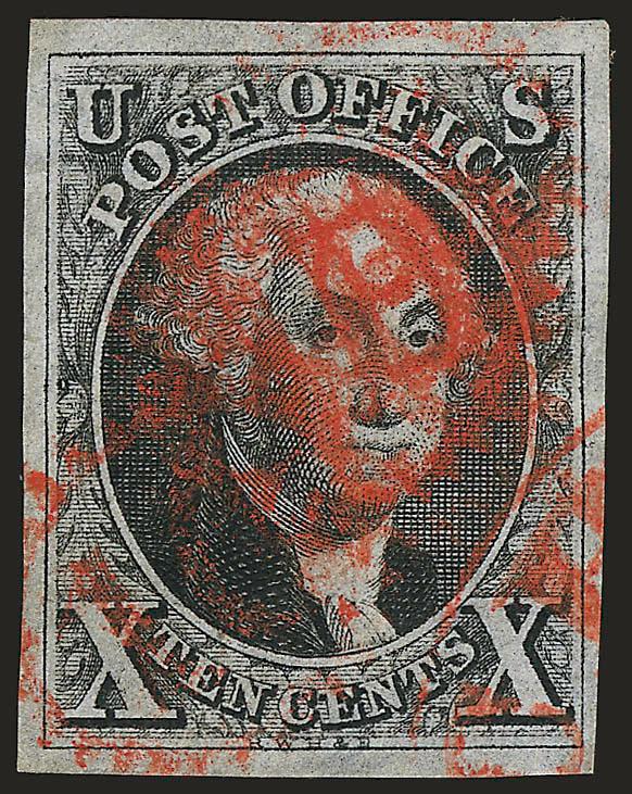 10c Black (2).> Large margins all around, red cork and edge of matching circular datestamp, slight bends and wrinkles, otherwise Extremely Fine