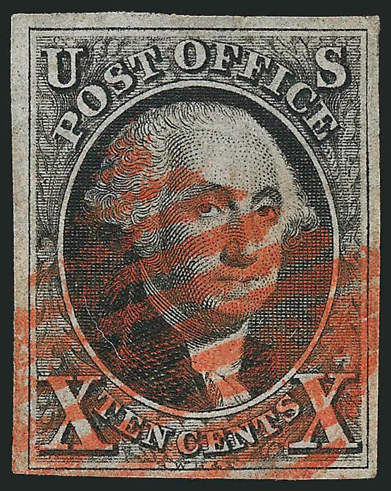 10c Black (2).> Large to ample margins, crisp impression, bold strike of red New York square grid cancel, Very Fine, with 2008 P.F. certificate (F-VF 75 SMQ $750.00 as 70, $1,350.00 as 80)