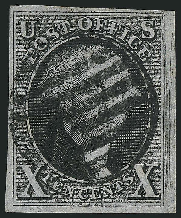10c Black (2).> Ample to large margins, intense shade, <black grid> cancel, unusual plate scratches in margin at right, tiny corner crease at bottom right clear of design, Very Fine appearance, with 1983 P.F.
certificate