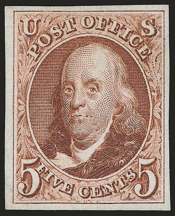 5c Red Brown, Reproduction (3).> Without gum as issued, large margins, lovely color and impression, Extremely Fine