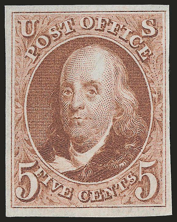 5c Red Brown, Reproduction (3).> Without gum as issued, ample to large margins, bright color, Very Fine