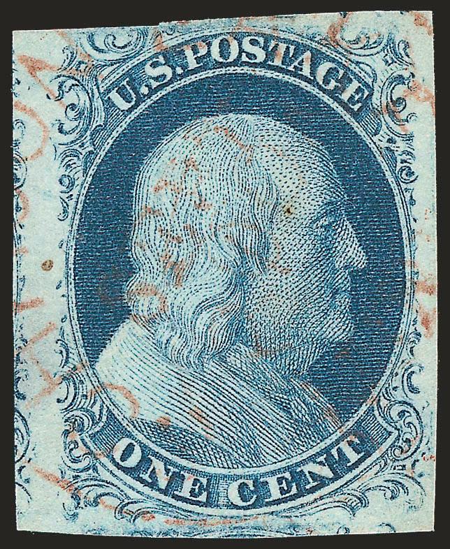 1c Blue, Ty. II (7).> Large to huge margins except where slightly angled at top, wonderful deep rich color, light reddish-brown Schroon Lake N.Y. circular datestamp, Very Fine and choice, with 1994 and 2001
P.F. certificates