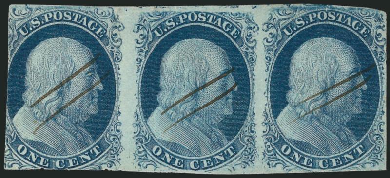 1c Blue, Ty. III, Position 99R2 (8).> Positions 98-100R2, horizontal strip of three, left stamp Ty. II (7), center stamp Ty. III 99R2 (8), right stamp Ty. IIIA (8A), large margins to in but clearly showing the
characteristics of the types, neat pen c