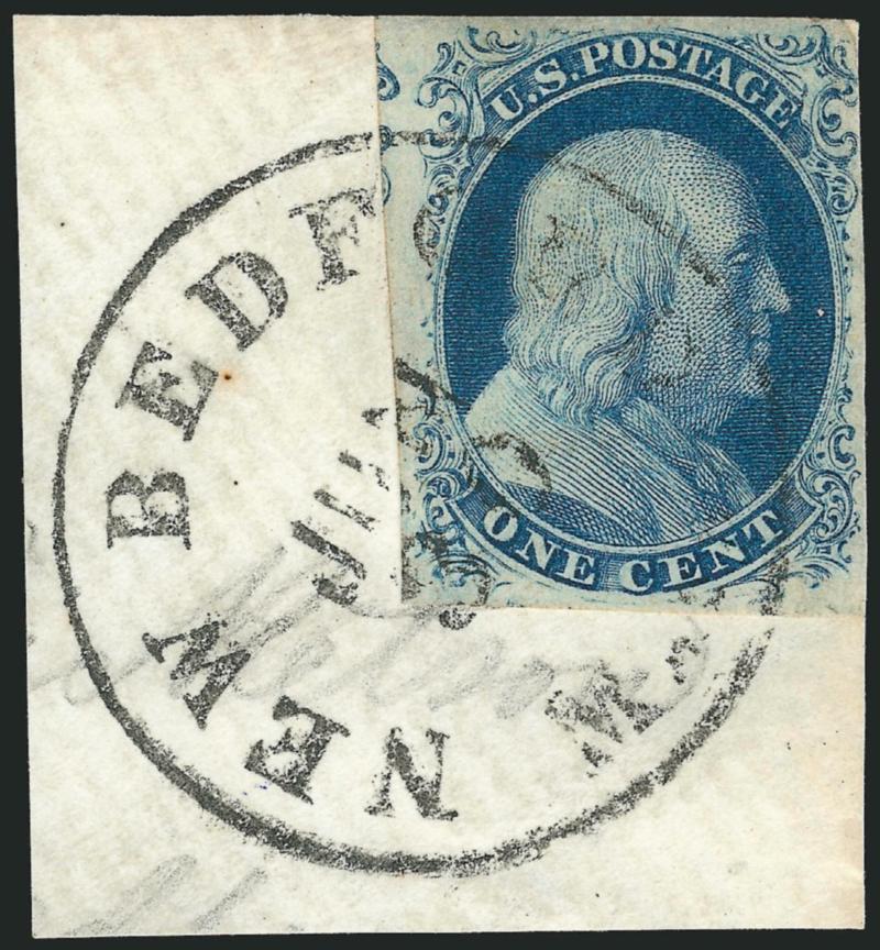1c Blue, Ty. III (8).> Plate 4, C Relief, huge margins to barely touched at top right and incl. part of adjoining stamp at left, tied on small piece by New Bedford Mass. Jun. 30 circular datestamp, Very Fine,
signed Ashbrook, with 1983 P.F. certifi