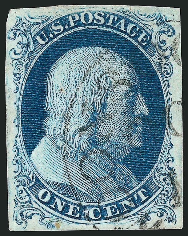 1c Blue, Ty. IIIa (8A).> Position 87L4, large even margins all around, deep rich color, showing clear break at top, light strike of circular datestamp, Very Fine and choice, signed and plated by Ashbrook, with
1983 P.F. certificate