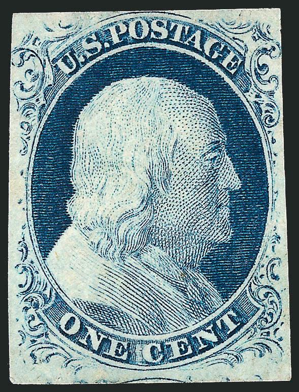 1c Blue, Ty. IV (9).> Recut once at top and twice at bottom, unused (no gum), large margins to just touched incl. part of adjoining stamp at bottom, tiny thin speck in margin at right, Very Fine
appearance
