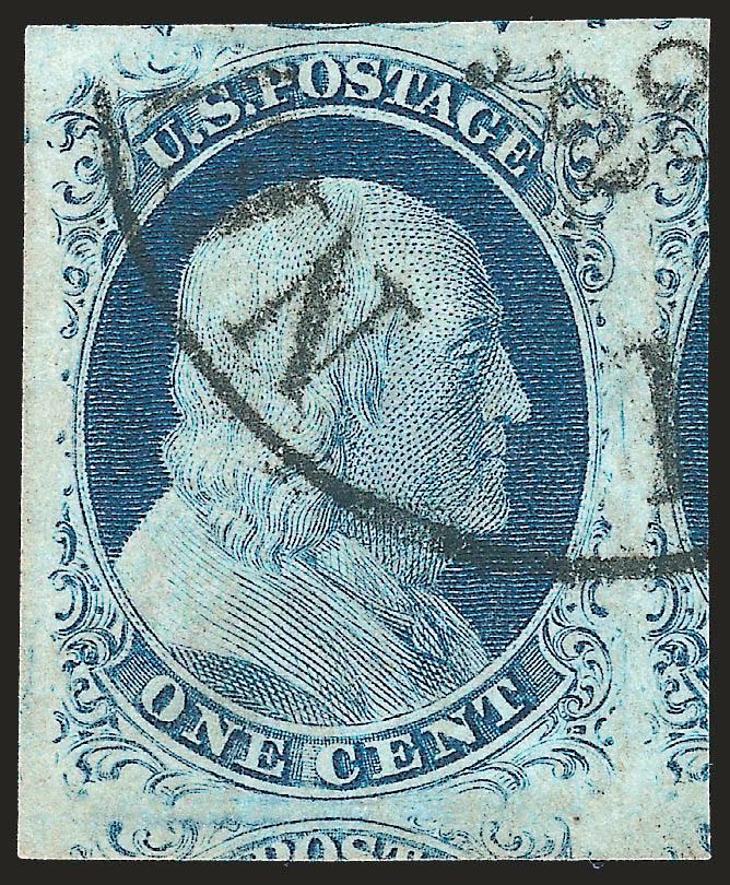 1c Blue, Ty. IV (9).> Huge Jumbo margins showing parts of six adjoining stamps, rich color and bold New Orleans circular datestamp, Extremely Fine Gem, with 2008 P.S.E. certificate (XF-Superb 95 Jumbo SMQ
$860.00 as 95, $1,850.00) as 98)