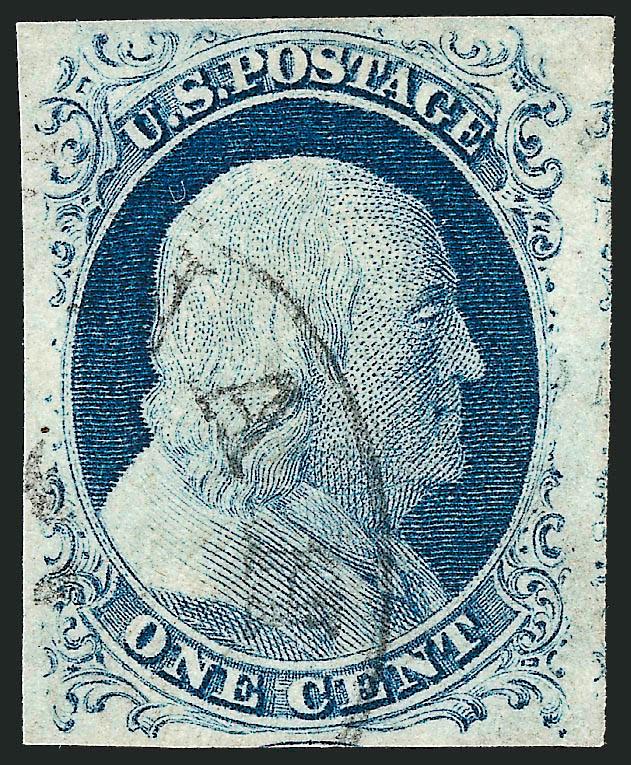 1c Blue, Ty. IV (9).> Large margins all around incl. part of adjoining stamps at right and bottom, bright color, neat strike of circular datestamp, Extremely Fine, with 1980 P.F. certificate