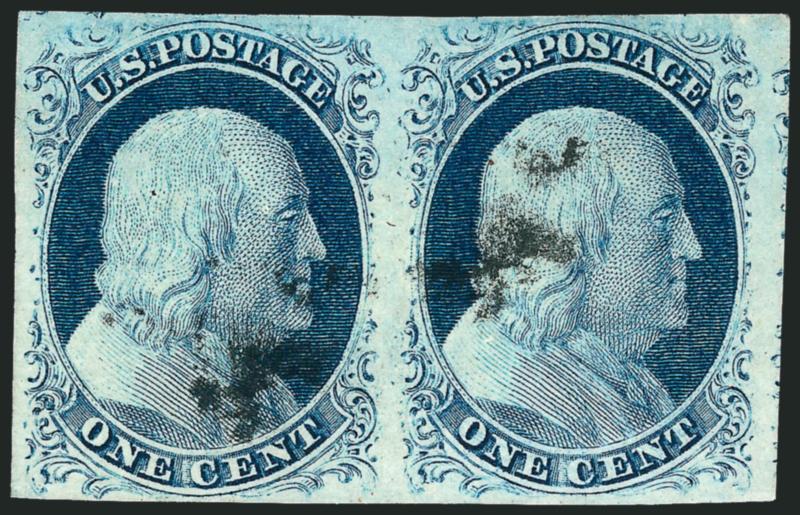 1c Blue, Ty. IV (9).> Horizontal pair, large margins to clear incl. part of adjoining stamp at right, deep rich color, unobtrusive cancels, Very Fine and choice