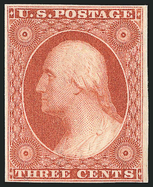 3c Orange Brown, Ty. II (10A).> Original gum, large to ample margins, brilliant color on bright paper, faint vertical crease in margin at top right could be trimmed to leave a full margin<><>^VERY FINE
APPEARING ORIGINAL-GUM EXAMPLE OF THE 1851 IMP