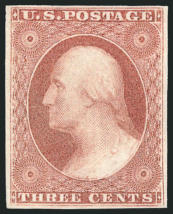 3c Claret (11 var).> Original gum, barest trace of hinging, large margins, deep rich color on bright paper, small vertical scissors-cut in lower right margin just outside of frameline, Extremely Fine
appearance, a beautiful stamp, with 1989 and 2007